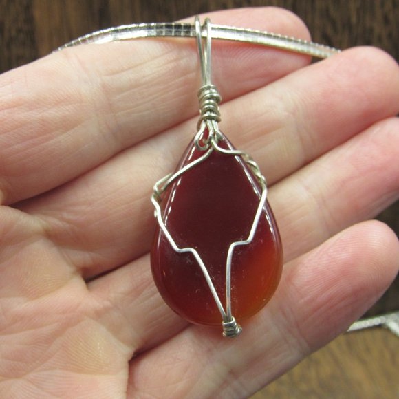 16" Sterling Silver Hand Wrapped Maroon Stone Pendant Necklace Vintage - Picture 3 of 7